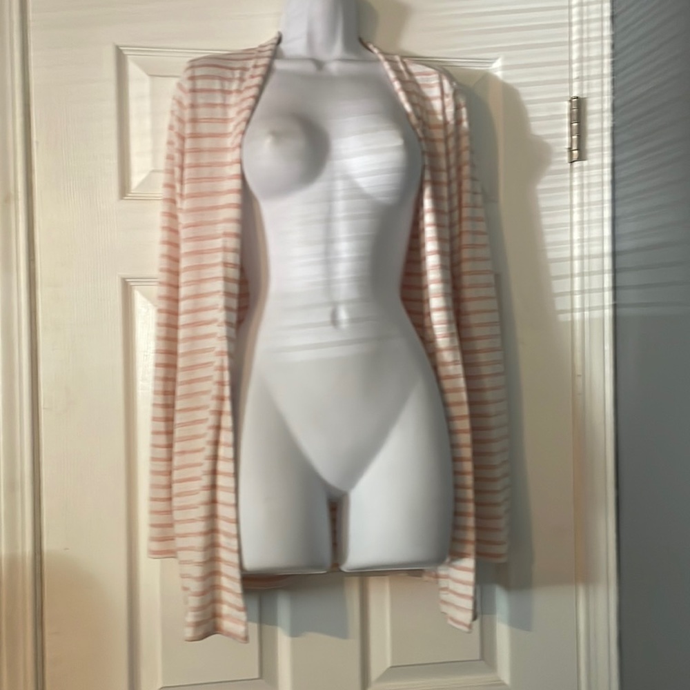 Womens S A New Day long cardigan pink white striped w/ pockets lightweight